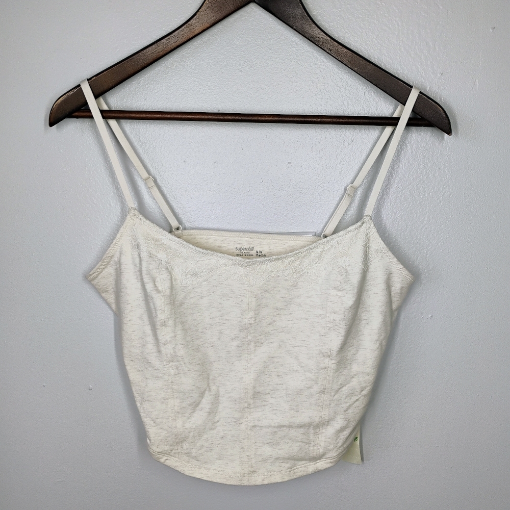 Superchill By Aerie Cotton Lace Corset Bra Top Womens Medium Heather Frost‎ Crop - Picture 2 of 10